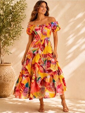 FARM Rio Tropical Parrot Off Shoulder Tiered Maxi Dress Puff Sleeve S